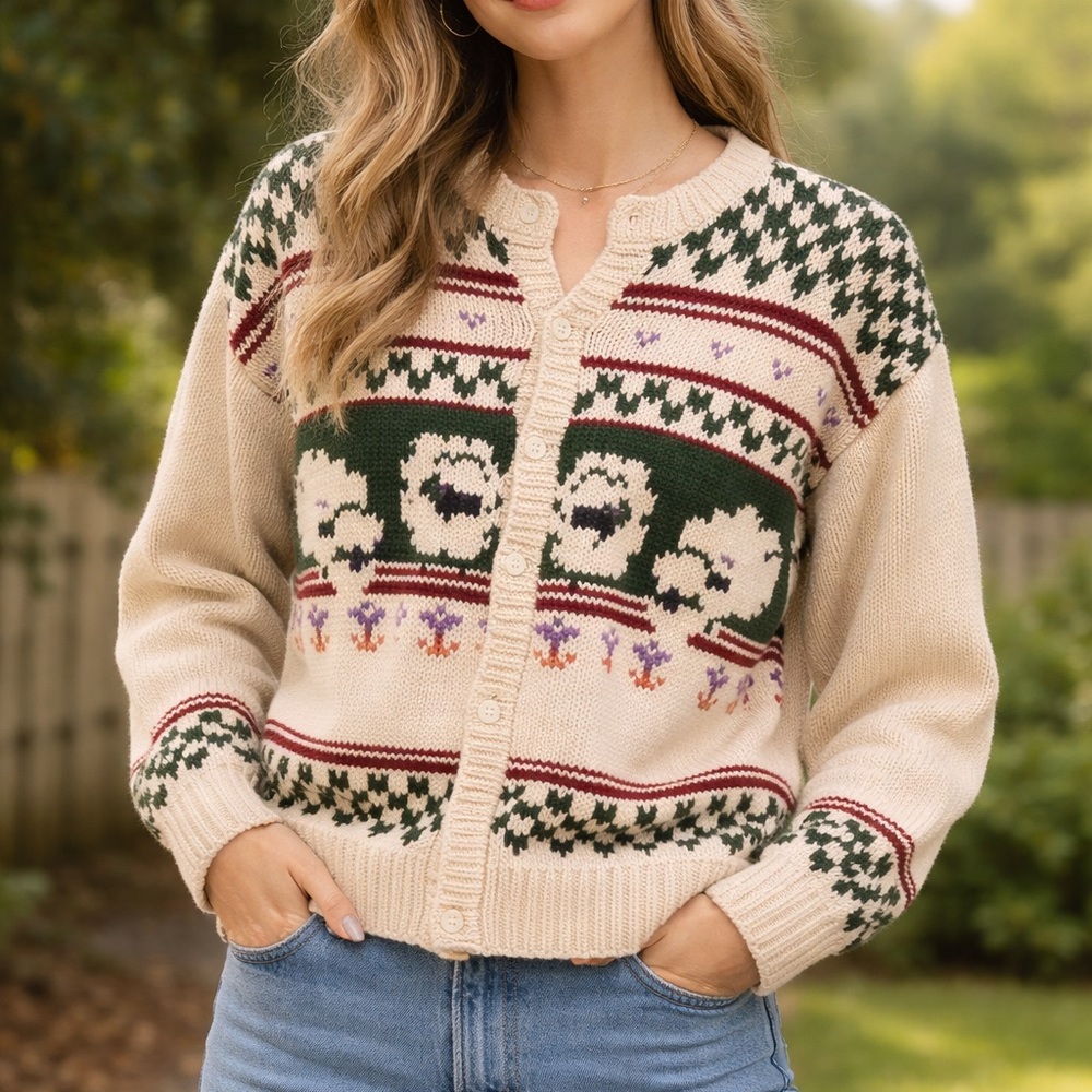 Vintage Woolrich Cream and Green Floral Cardigan